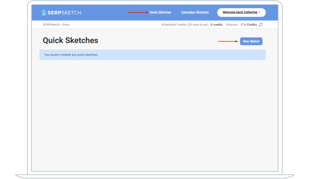 Screenshot of SERPsketch showing the button to create a new quick sketch