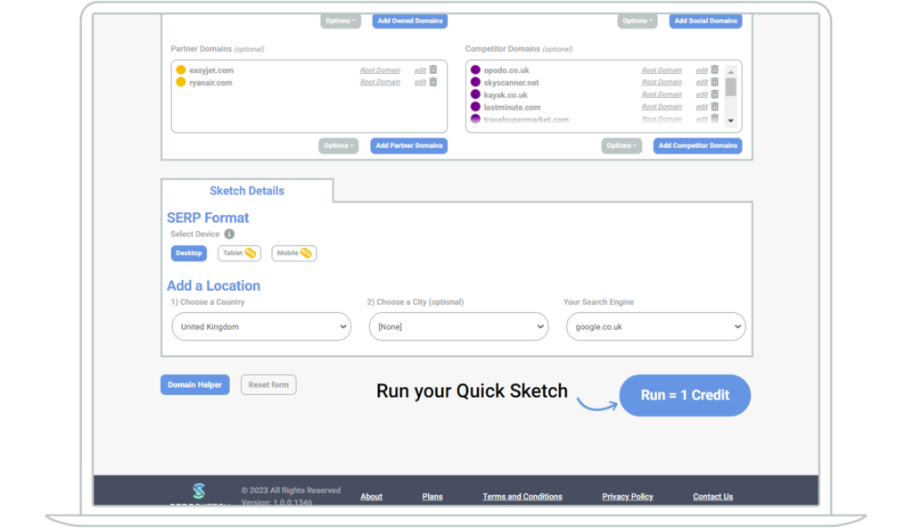 Screenshot of SERPsketch quick sketch setup