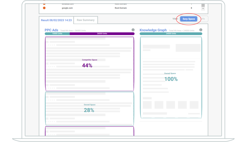 Screenshot indicating the toggle button to view SERP space or URLs