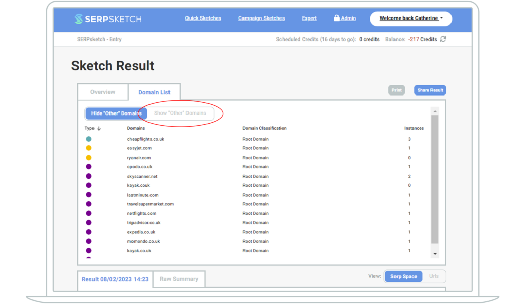 Screenshot of SERPsketch showing the toggle to show "other" domains in your domain list